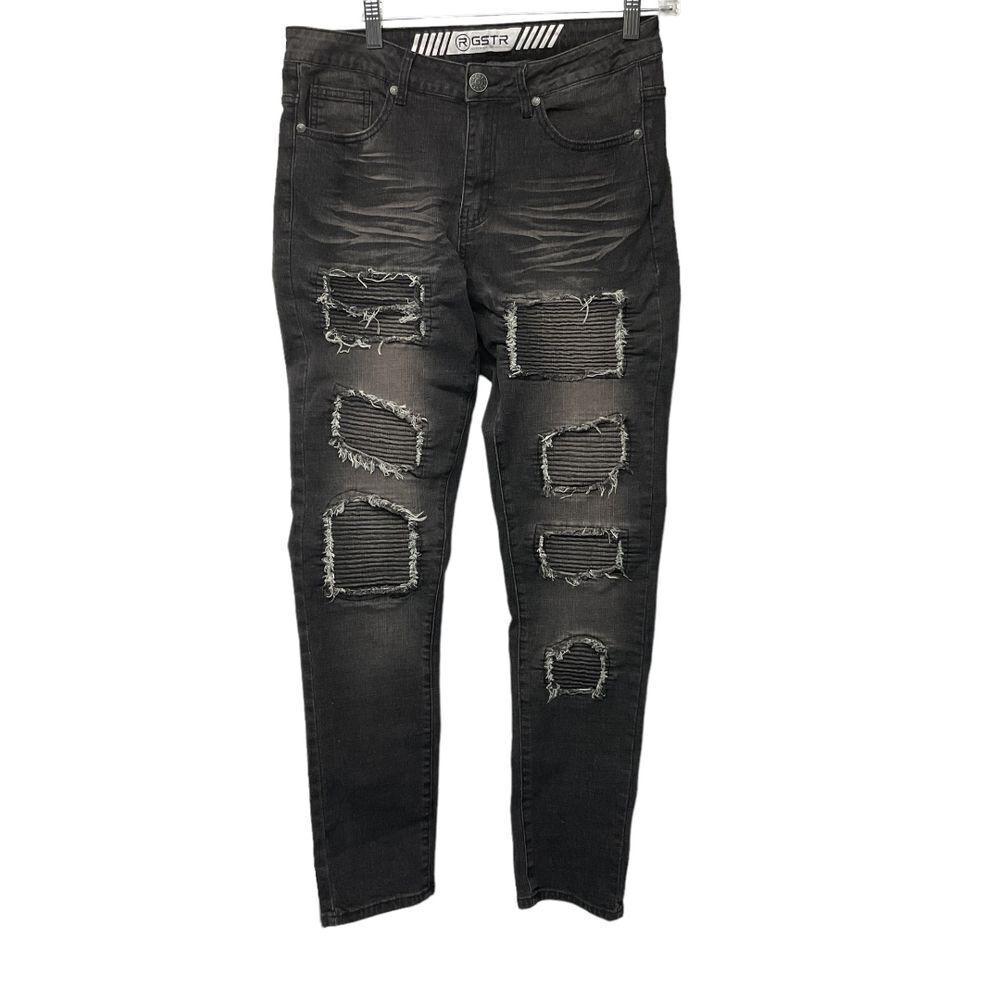 R GSTR Men's Slim‎ Straight Stacked Patched Ripped Jeans  Black Size 32 Stretch
